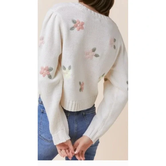 jessica simpson cottage pink purple yellow floral embroidery long sleeve Sweater - Picture 2 of 11